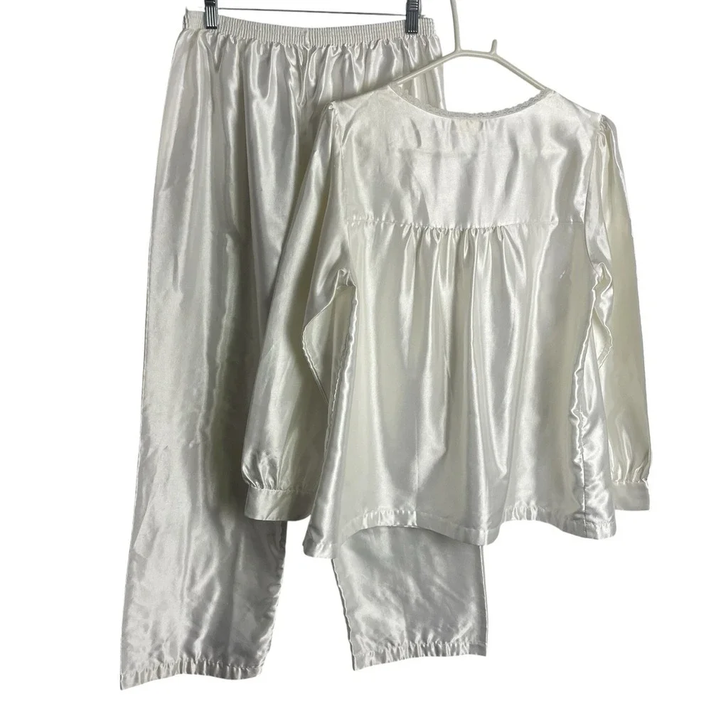 Vtg Barbizon Womens Satin Pajama Set Size XL White‎ Embroidered Lace Top Bottoms